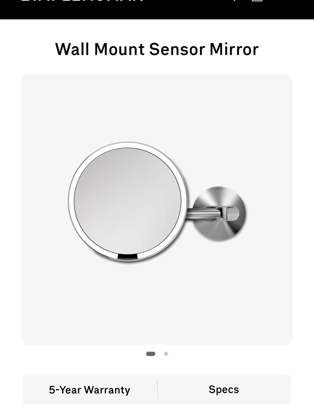 simplehuman Black Wall-Mount Sensor Mirror (LED Ring)